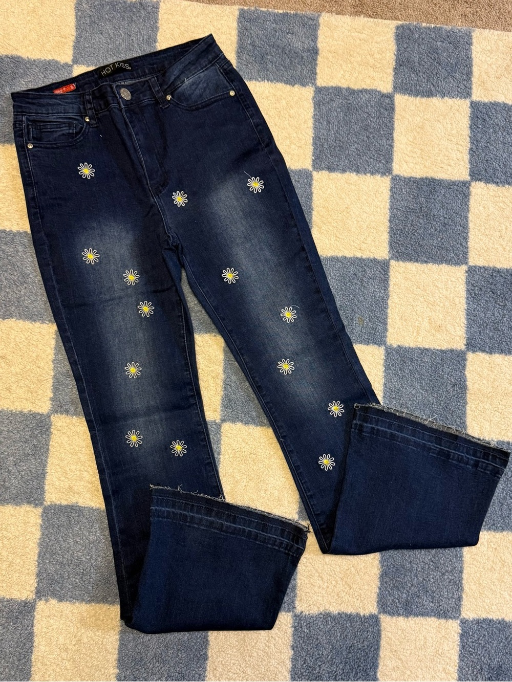 Hot Kiss Dark Blue Daisy Embroidered Flared Jeans